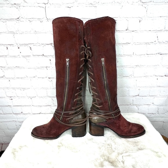 |•FREEBIRD BY STEVEN•| 'Coal' Distressed Burgundy Suede Full Lace Up Back Boots - Picture 6 of 12